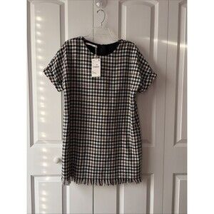 Zara White & Multi Color Houndstooth Tweed Fringe Tunic Shift Dress Sz Large New